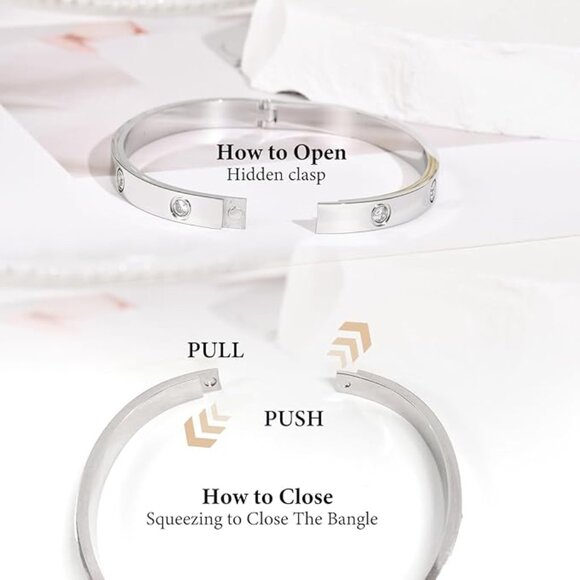 Elegant Silver Stainless Steel Bangle with Crystal Accents - Picture 6 of 6